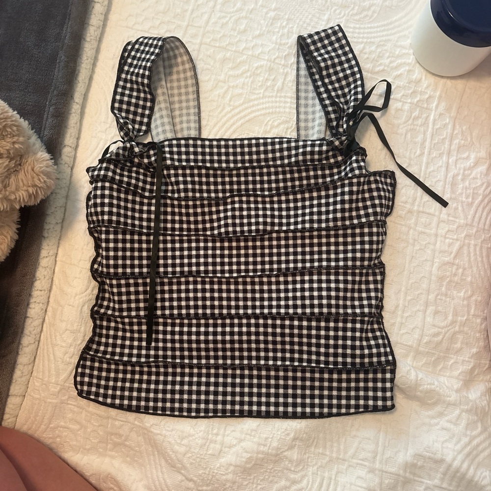 Black & White Gingham Tie-Shoulder Women's Tank Top
